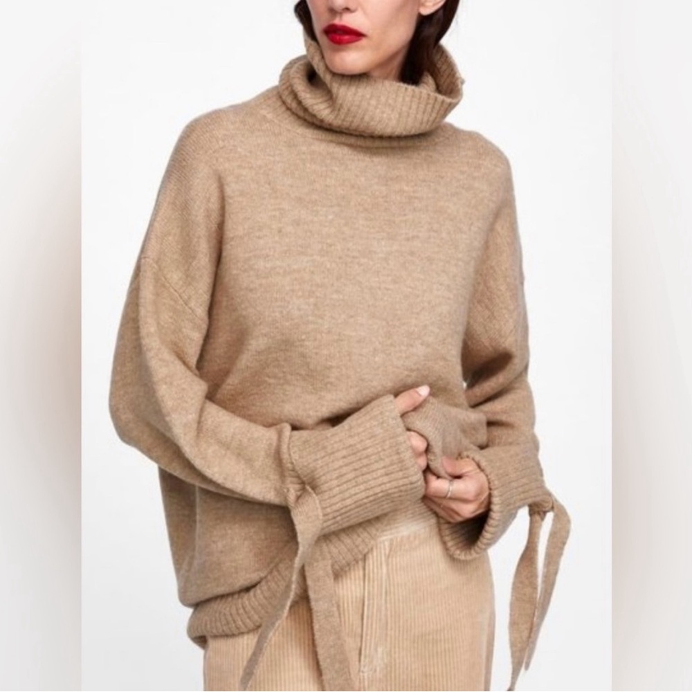 Zara Knit Oversized Turtleneck Sweater Tie Cuff Sleeves Camel Tan Size Large